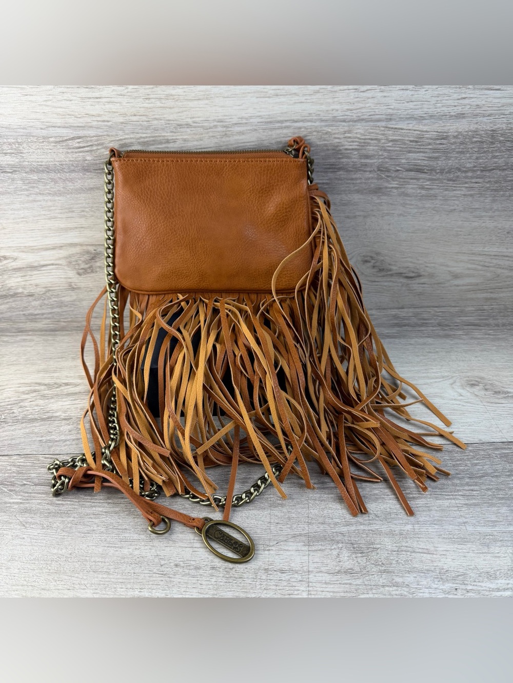 Carlos Santana Fringe Hand Bag Faux Leather Bag Brown Boho Hippie Chic